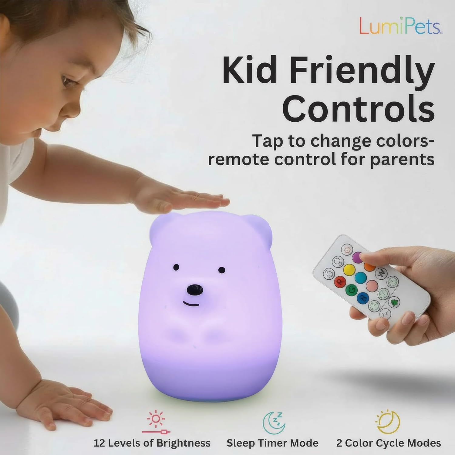 Lumipet Bear Jumbo Kids Night Light, Cute Nursery Light for Baby, Toddler, Silicone LED Lamp, Remote Operated, USB Rechargeable Battery, 9 Available Colors, Timer Auto Shutoff