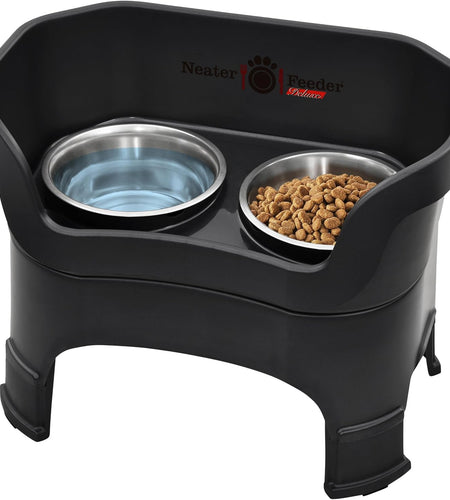 Neater Feeder - Deluxe Model Adjustable Height - Mess-Proof Dog Bowls (Large, Midnight Black) - Made in USA - Elevated, No Spill, Non-Tip, Non-Slip, Raised Stainless Steel Food & Water Pet Bowls